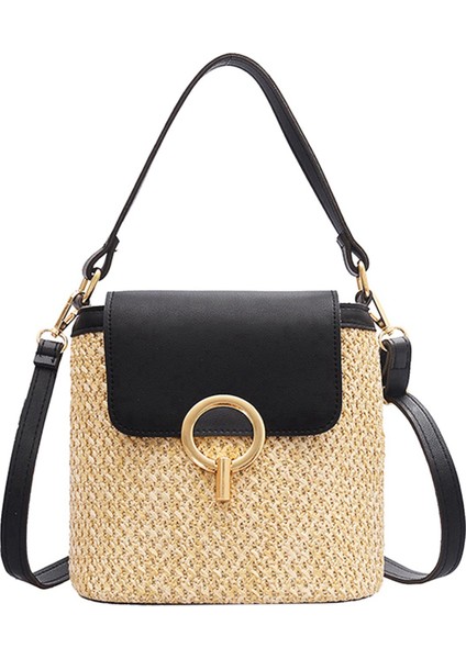 Küçük Hasır Kova Çanta Kadınlar Için Yaz Crossbody Bayan Seyahat Çantalar ve Çanta Kadın Omuz Basit Çanta Siyah (Yurt Dışından)
