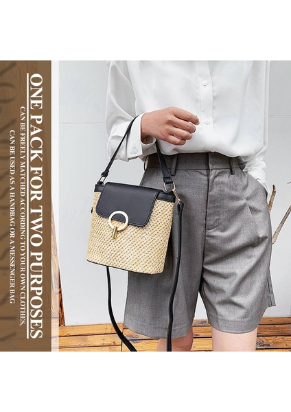 Küçük Hasır Kova Çanta Kadınlar Için Yaz Crossbody Bayan Seyahat Çantalar ve Çanta Kadın Omuz Basit Çanta Siyah (Yurt Dışından) modelleri