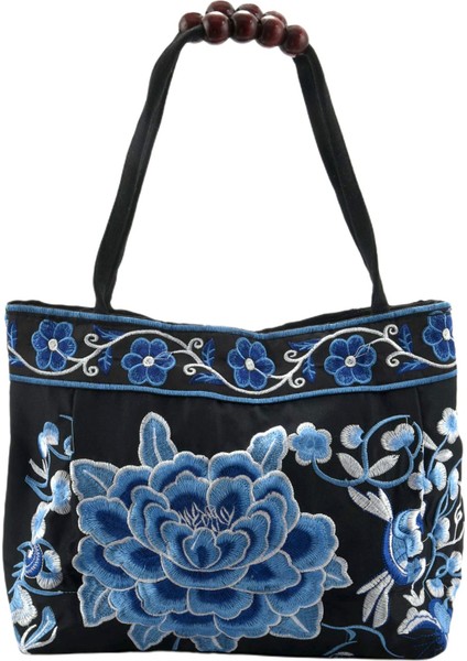 Çin Tarzı Kadın Çanta Nakış Etnik Yaz Moda El Yapımı Çiçekler Bayanlar Tote Omuz Çantaları -Body (Mavi Şakayık) (Yurt Dışından)