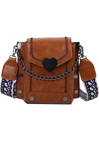 Kadın Kore Tarzı Retro Kalp Şeklinde Kilit Cep Telefonu Çantası Çivili Omuz Messenger Kahverengi (Yurt Dışından)