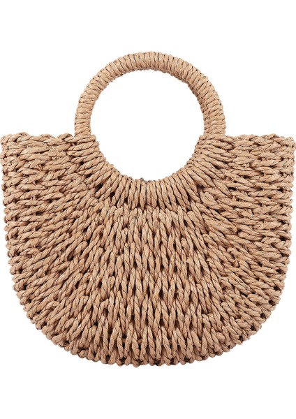 Saman Dokuma Çanta El Yapımı Rattan Vintage Retro Halat Örme Kadın Crossbody Çanta Yüzük ile Taze Yaz Plaj Kahverengi (Yurt Dışından)