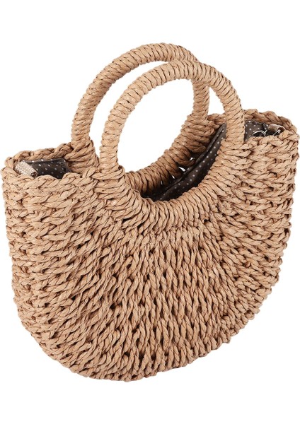Saman Dokuma Çanta El Yapımı Rattan Vintage Retro Halat Örme Kadın Crossbody Çanta Yüzük ile Taze Yaz Plaj Kahverengi (Yurt Dışından) modelleri