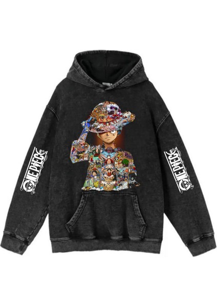 Yıkamalı Anime Luffy Kapüşonlu Sweatshirt