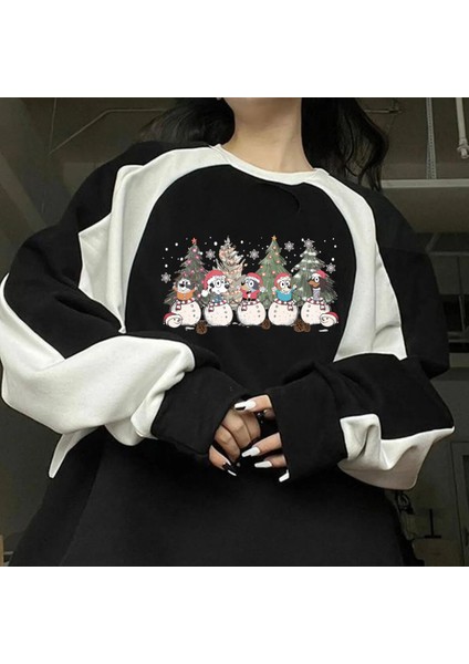 Streetwear New Year Cute Dog Baskılı Siyah Oversize Bisiklet Yaka Sweatshirt