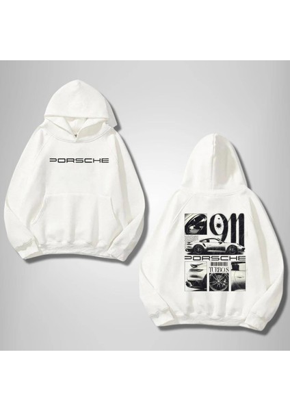 Porsche Ön Arka Baskılı Beyaz Kapşonlu Sweatshirt