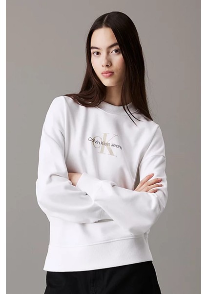 Kadın Textured Monologo Sweatshirt - Beyaz