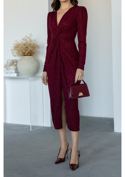 Kadın Büzgü Detaylı Simli Gece Elbisesi NBMY3633