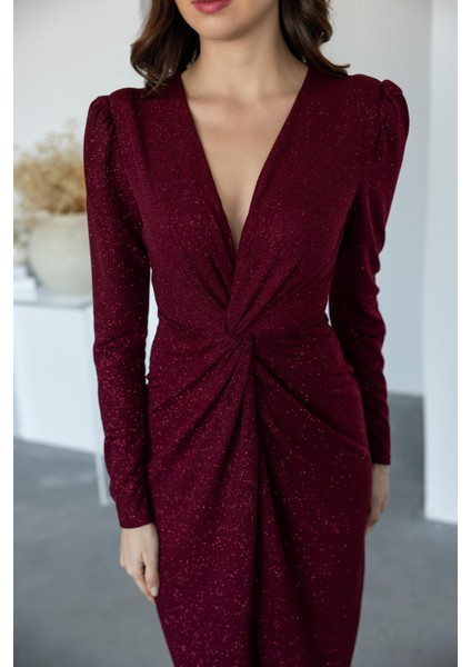 Kadın Büzgü Detaylı Simli Gece Elbisesi NBMY3633 modelleri