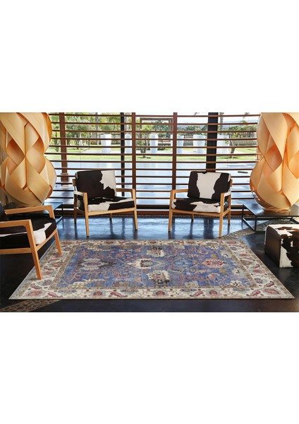 Krem ve Lacivert Renkli Pastel Boyalı Geleneksel Desenli Dokuma Taban Halı MIRAVIP384 modelleri