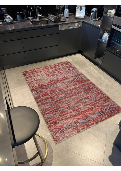 Kırmızı Renkli Çizgili Gelenksel Geometrik Dokuma Taban Halı MIRAVIP494