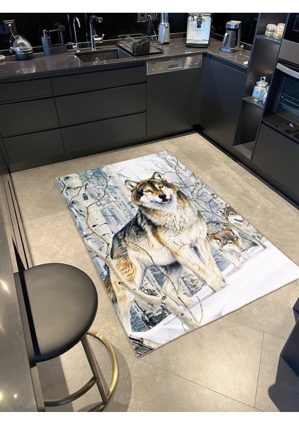 Beyaz Tonlarında Hayvan Kurt Desenli Dekoratif Halı MIRAVIP399