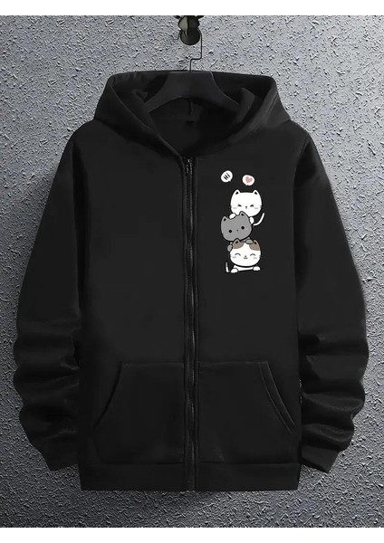 Cute Cat Baskılı Oversize Fermuarlı Siyah Kapüşonlu Hırka