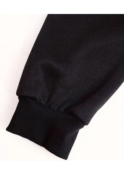 Cute Cat Baskılı Oversize Fermuarlı Siyah Kapüşonlu Hırka