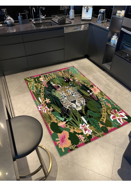 Yeşil Yapraklı Kaplanlı Desenli Dokuma Taban Halı MIRAVIP391