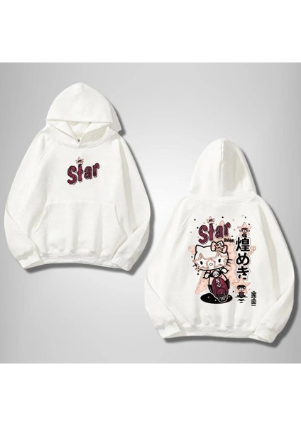 Hello Star Ön Arka Baskılı Beyaz Kapşonlu Sweatshirt