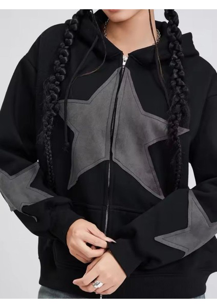 Vintage Star Zip Oversize Fermuarlı Kapüşonlu Hırka