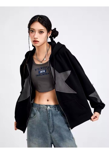 Vintage Star Zip Oversize Fermuarlı Kapüşonlu Hırka