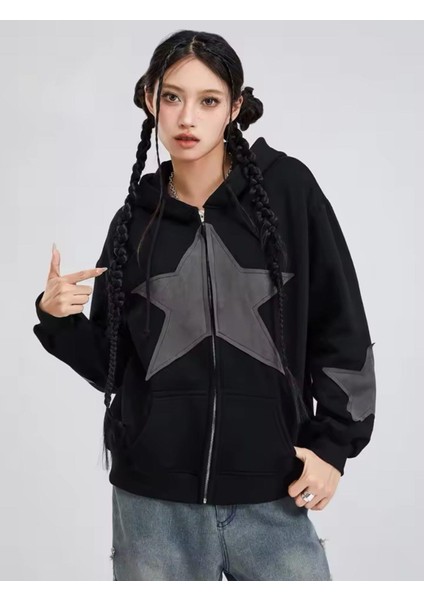 Vintage Star Zip Oversize Fermuarlı Kapüşonlu Hırka