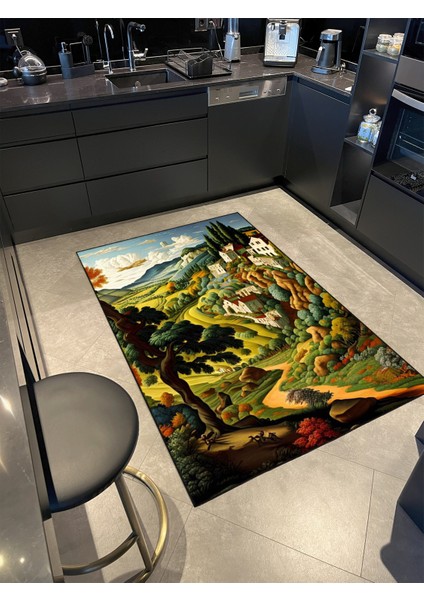 Renkli Manzara Desenli Modern Dokuma Taban ve Dekoratif Halı MIRAVIP426