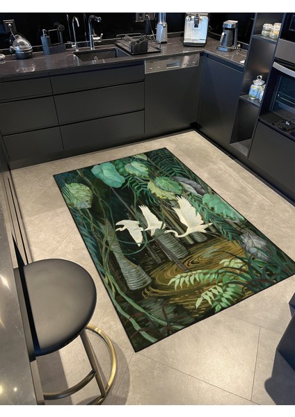 Yeşil Yapraklar ve Kuş Hayvan Desenli Dekoratif Halı MIRAVIP431