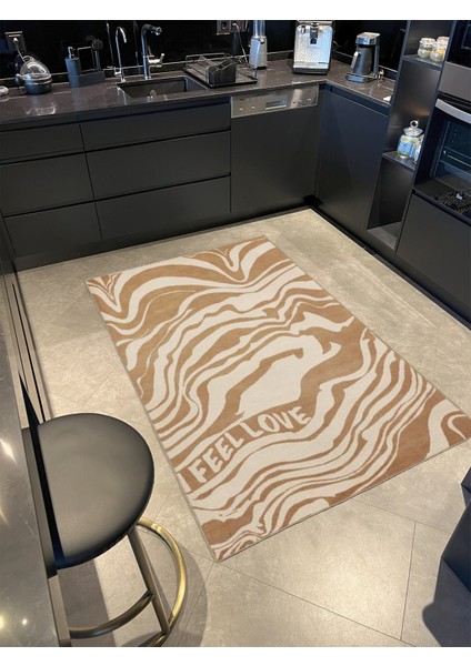 Kahverengi Krem Yazılı Dalgalı Desenli Modern Dekoratif Halı MIRAVIP476