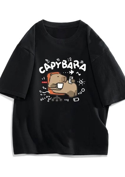 Capybara Unisex Siyah Oversize T-Shirt