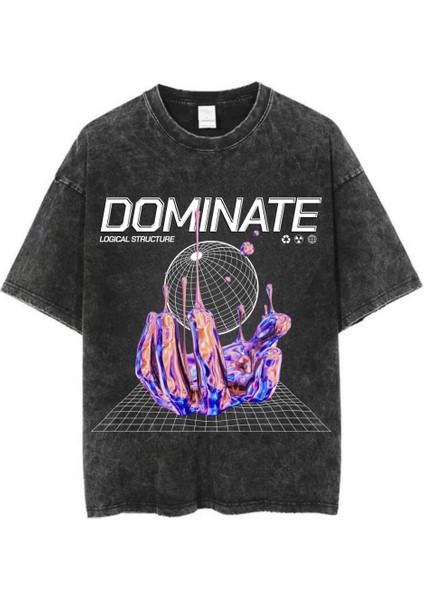 Yıkamalı Dominate Baskılı Oversize Vintage T-Shirt