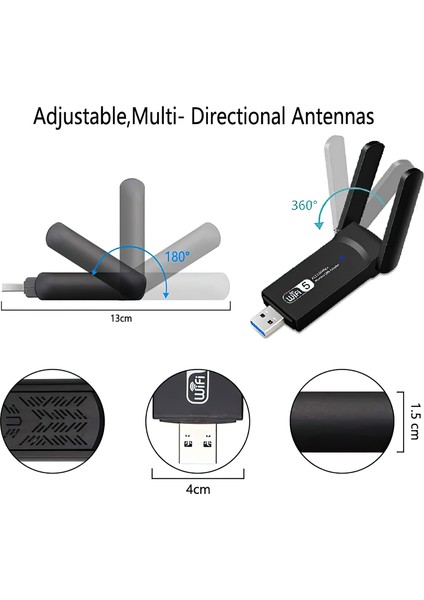 Kablosuz Wifi Alıcı Dual Band USB 3.0 Adaptör AC1300 Mbps (2025 Yeni Model)