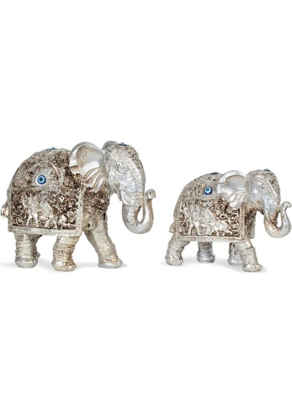 Polyester Ikili Biblo Fil Figürü Gümüş
