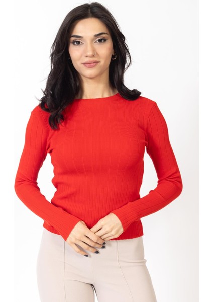Vs Kadın O Yaka Fitilli Triko Kazak 22 373 Emy 23K Kırmızı