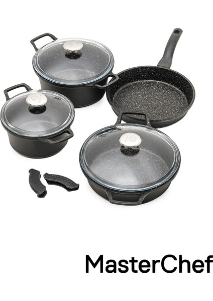 7 Parça Döküm Dik Kulak Tencere Seti - Dayanıklı Yanmaz ve Yapışmaz - Eşit Isı