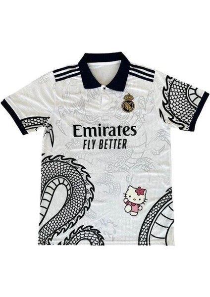 Beyaz Kitty Madrid Dragon Jersey Siyah Düğmeli Yaka Forma