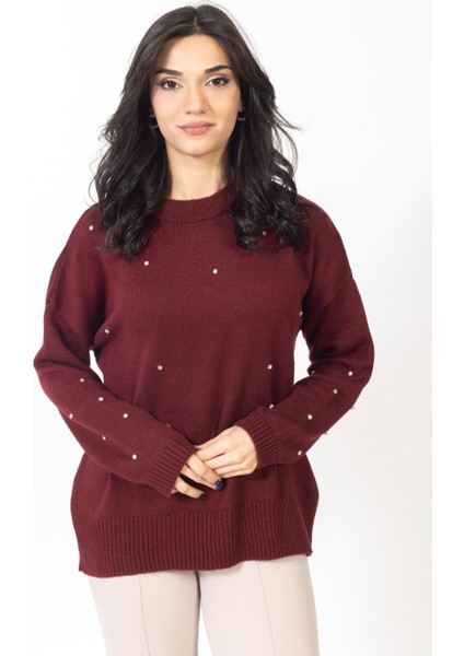 Vs Kadın O Yaka Üzeri Taşlı Triko Kazak 23 508 Emy 23K Bordo