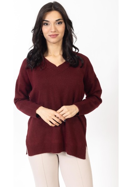 Vs Kadın V Yaka Triko Kazak 23 1153 Emy 23K Bordo