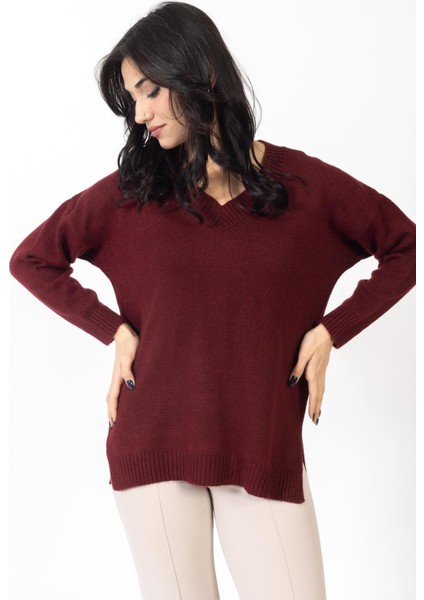 Vs Kadın V Yaka Triko Kazak 23 1153 Emy 23K Bordo fiyatları