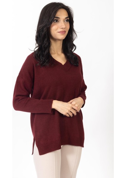 Vs Kadın V Yaka Triko Kazak 23 1153 Emy 23K Bordo modelleri