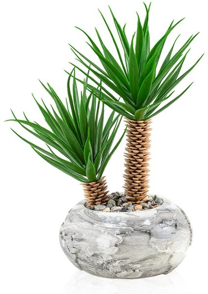 Mermer Görünümlü Yuvarlak Dünya Görünümlü Saksıda Iki Dal Yapay Kaktüs Aloevera