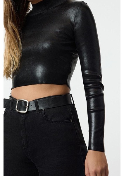 Stil Modern Kadın Crop Standart Kol Dik Yaka Basic Varak Baskılı Triko Kazak