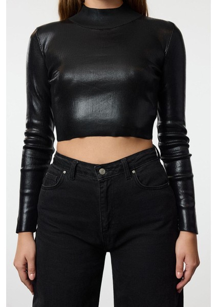 Stil Modern Kadın Crop Standart Kol Dik Yaka Basic Varak Baskılı Triko Kazak modelleri