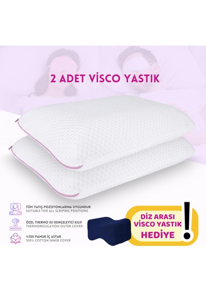 2'li Set Visco Hava Kanallı Ortopedik Yastık, 60X40X14CM, Beyaz-Pembe