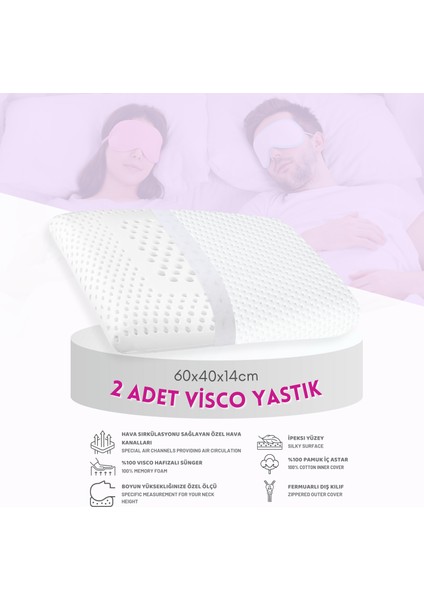 2'li Set Visco Hava Kanallı Ortopedik Yastık, 60X40X14CM, Beyaz-Pembe