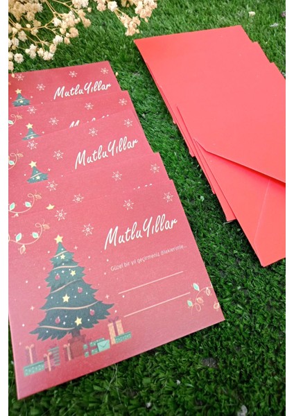 20 Adet Kırmızı Zarflı Çam Ağaçlı Yılbaşı Tebrik Kartı - 9X6CM Kuşe Hediye Kartı - Yılbaşı Süsü modelleri