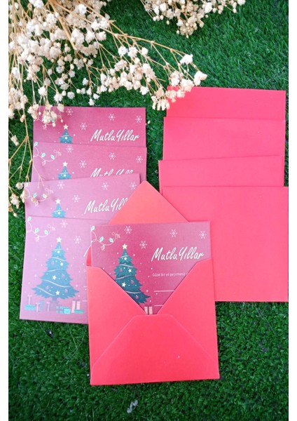 20 Adet Kırmızı Zarflı Çam Ağaçlı Yılbaşı Tebrik Kartı - 9X6CM Kuşe Hediye Kartı - Yılbaşı Süsü fırsatları