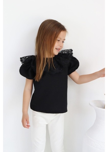 Kız Çocuk Siyah Bisiklet Yaka Dantelli Kısa Kol 23 Nisan Bluz Gömlek Abiye fiyatları