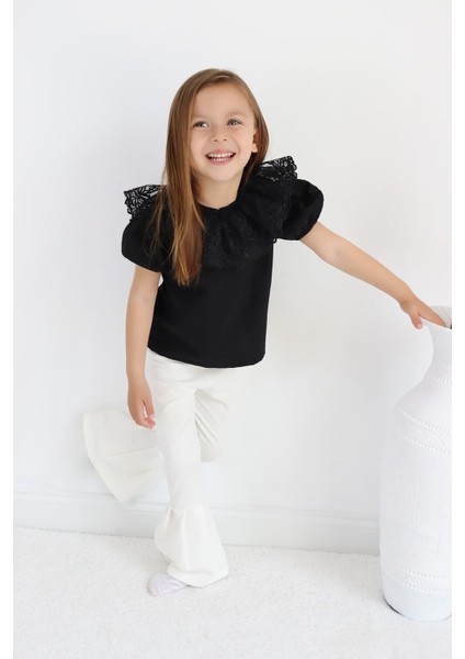 Kız Çocuk Siyah Bisiklet Yaka Dantelli Kısa Kol 23 Nisan Bluz Gömlek Abiye fırsatları