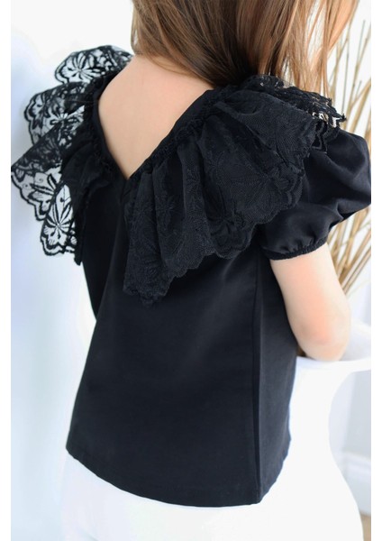 Kız Çocuk Siyah Bisiklet Yaka Dantelli Kısa Kol 23 Nisan Bluz Gömlek Abiye indirimleri