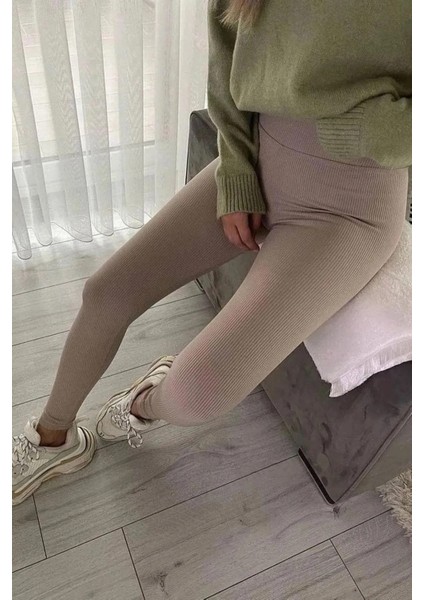 Fitilli Tayt Bej Yüksek Bel Tayt