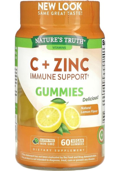 C + Zinc Immune Support Natural Lemon 60 Vegan Gummies