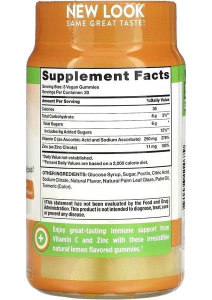 C + Zinc Immune Support Natural Lemon 60 Vegan Gummies