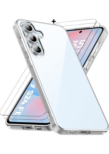 Samsung Galaxy S24 Fe Kılıf Kamera Çıkıntılı Korumalı Yumuşak Şeffaf Silikon + 9h Ekran Koruyucu Cam